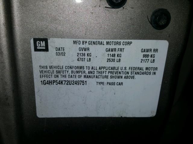 1G4HP54K72U249751 - 2002 BUICK LESABRE CU TAN photo 10