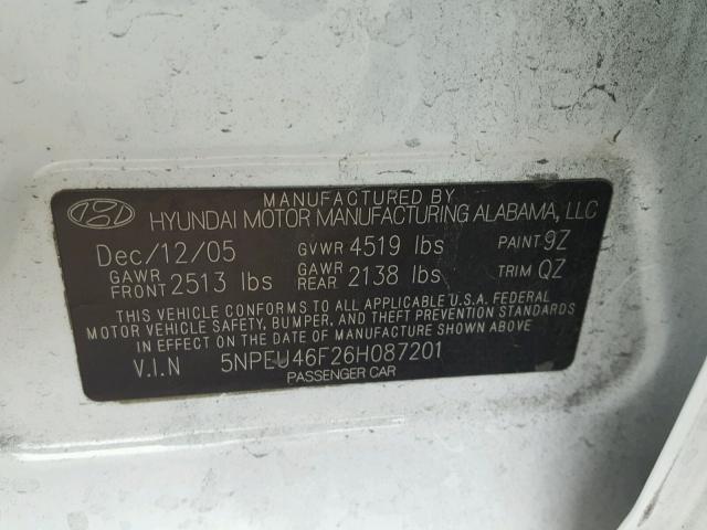 5NPEU46F26H087201 - 2006 HYUNDAI SONATA GLS WHITE photo 10