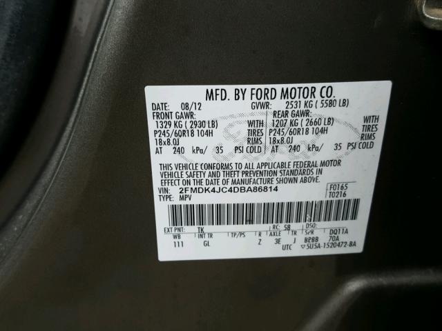 2FMDK4JC4DBA86814 - 2013 FORD EDGE SEL TAN photo 10