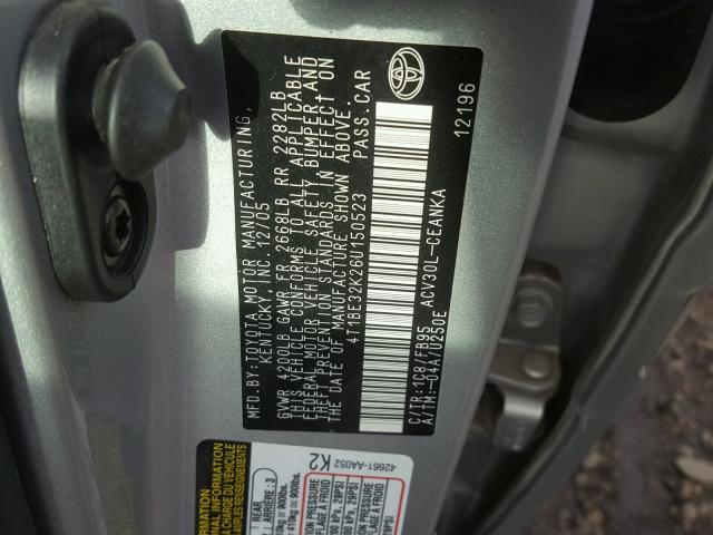4T1BE32K26U150523 - 2006 TOYOTA CAMRY LE ვერცხლისფერი ფოტო 10