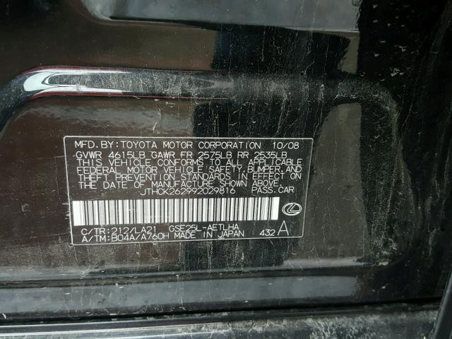 JTHCK262992029816 - 2009 LEXUS IS 250 BLACK photo 10