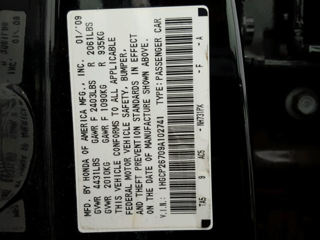 1HGCP26709A102741 - 2009 HONDA ACCORD EX BLACK photo 10