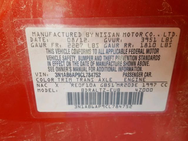 3N1AB6AP9CL784752 - 2012 NISSAN SENTRA 2.0 RED photo 10