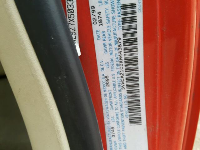 3VWCA21C0XM443879 - 1999 VOLKSWAGEN NEW BEETLE RED photo 10