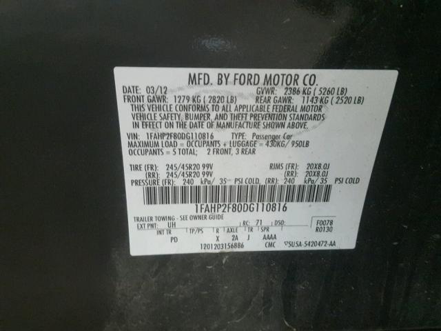 1FAHP2F80DG110816 - 2013 FORD TAURUS LIM BLACK photo 10