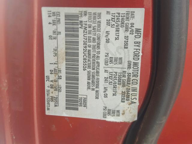 1FMZU73E92UC85526 - 2002 FORD EXPLORER X RED photo 10