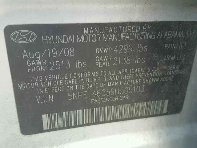 5NPET46C59H505103 - 2009 HYUNDAI SONATA GLS SILVER photo 10