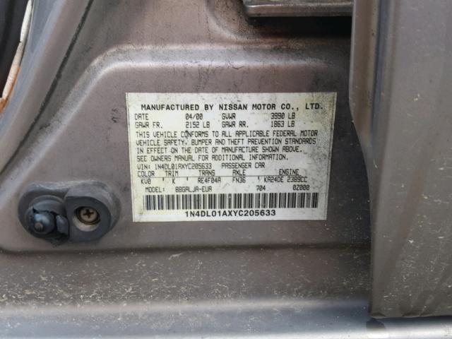 1N4DL01AXYC205633 - 2000 NISSAN ALTIMA XE GRAY photo 10