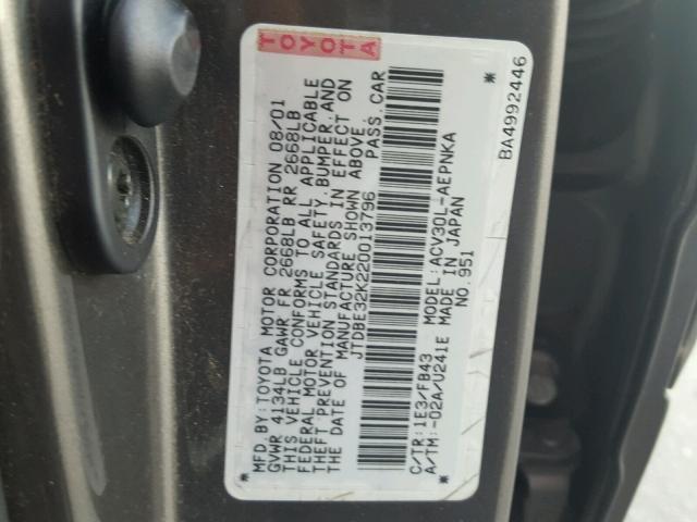 JTDBE32K220013796 - 2002 TOYOTA CAMRY LE CHARCOAL photo 10