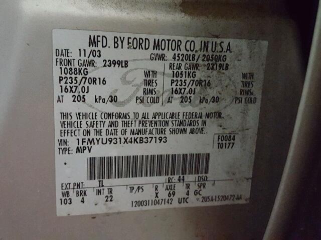 1FMYU931X4KB37193 - 2004 FORD ESCAPE XLT SILVER photo 10