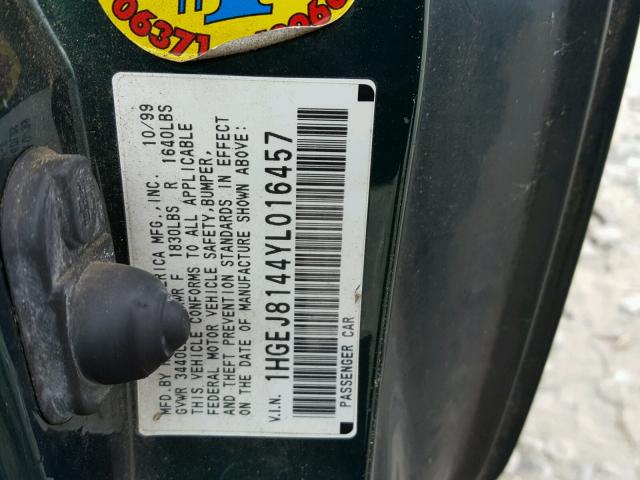 1HGEJ8144YL016457 - 2000 HONDA CIVIC EX 绿色 照片 10