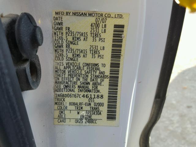 1N6BD06T67C461188 - 2007 NISSAN FRONTIER K WHITE photo 10