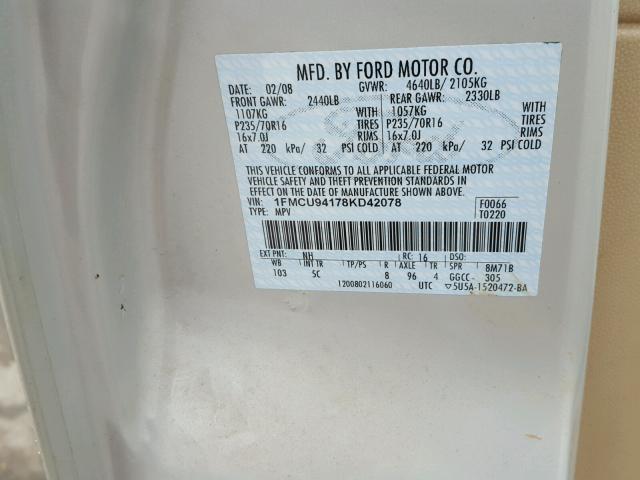 1FMCU94178KD42078 - 2008 FORD ESCAPE LIM CREAM photo 10