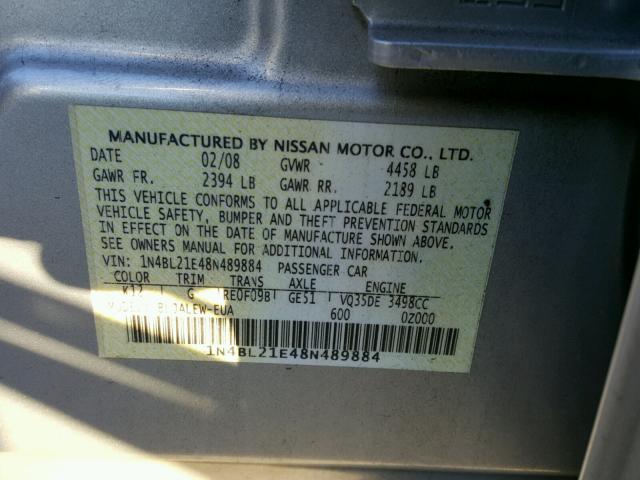 1N4BL21E48N489884 - 2008 NISSAN ALTIMA 3.5 SILVER photo 10