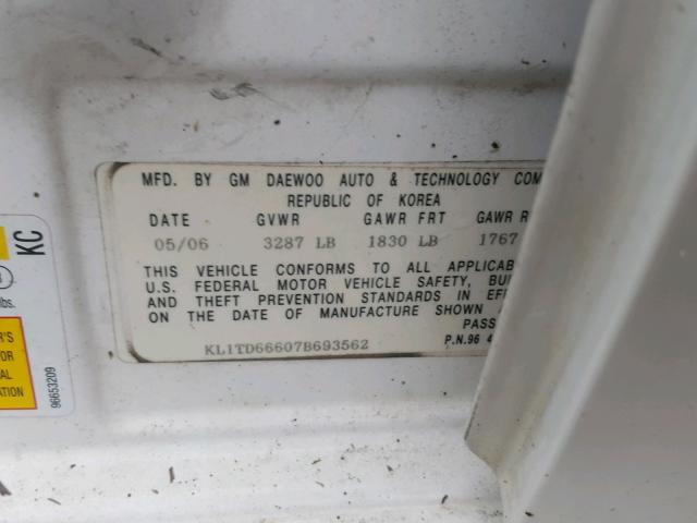 KL1TD66607B693562 - 2007 CHEVROLET AVEO BASE 白色 照片 10