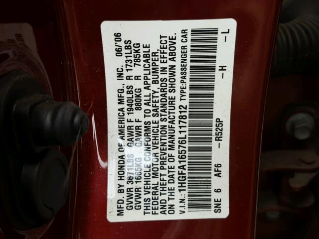 1HGFA16576L117812 - 2006 HONDA CIVIC LX RED photo 10