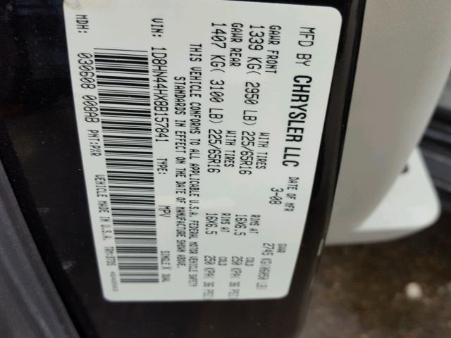 1D8HN44HX8B157841 - 2008 DODGE GRAND CARA BLACK photo 10