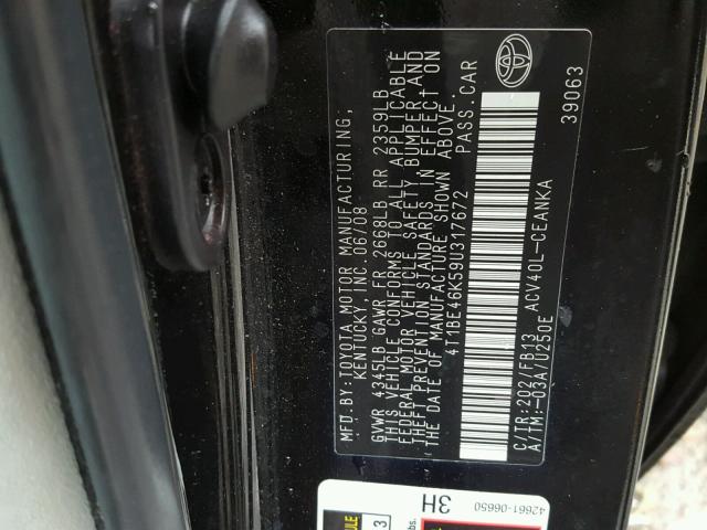 4T1BE46K59U317672 - 2009 TOYOTA CAMRY BASE BLACK photo 10