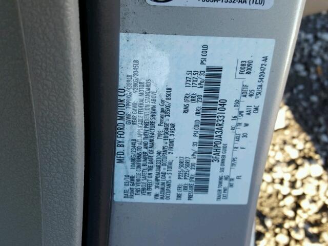 3FAHP0JA3AR331040 - 2010 FORD FUSION SEL SILVER photo 10