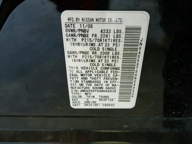 JN8AS58T89W049939 - 2009 NISSAN ROGUE S BLACK photo 10