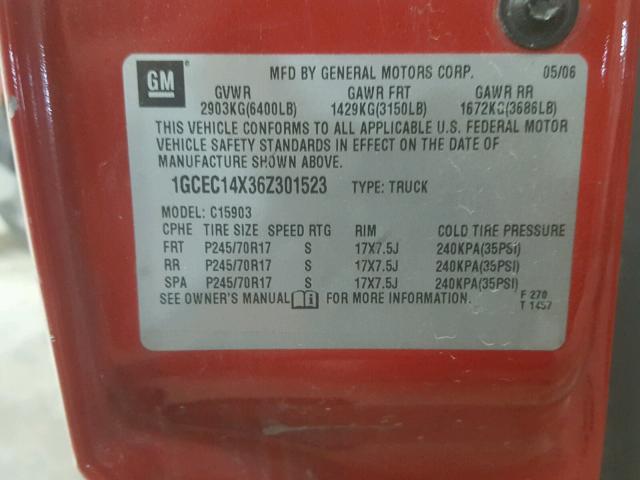 1GCEC14X36Z301523 - 2006 CHEVROLET SILVERADO RED photo 10