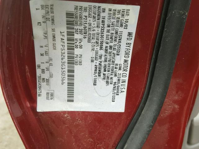 1FAFP53263G150566 - 2003 FORD TAURUS SE RED photo 10