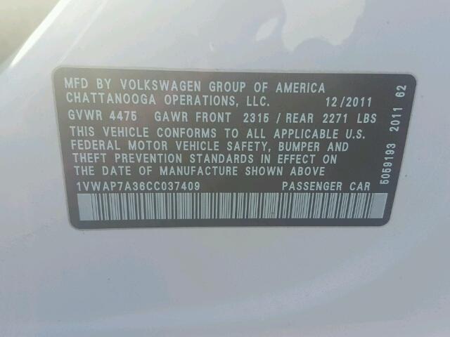 1VWAP7A36CC037409 - 2012 VOLKSWAGEN PASSAT S თეთრი ფოტო 10