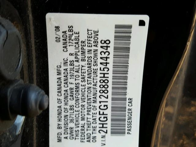 2HGFG12888H544348 - 2008 HONDA CIVIC EX BLACK photo 10