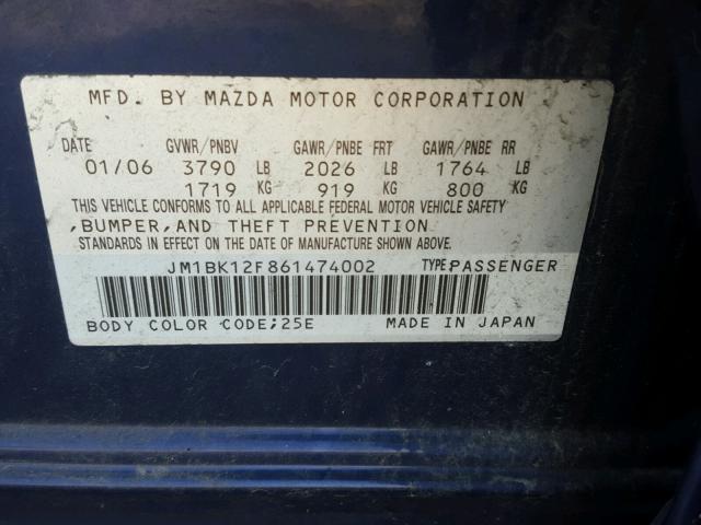 JM1BK12F861474002 - 2006 MAZDA 3 I BLUE photo 10