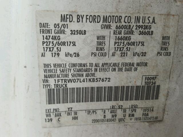 1FTRW07L41KB57672 - 2001 FORD F150 SUPER WHITE photo 10