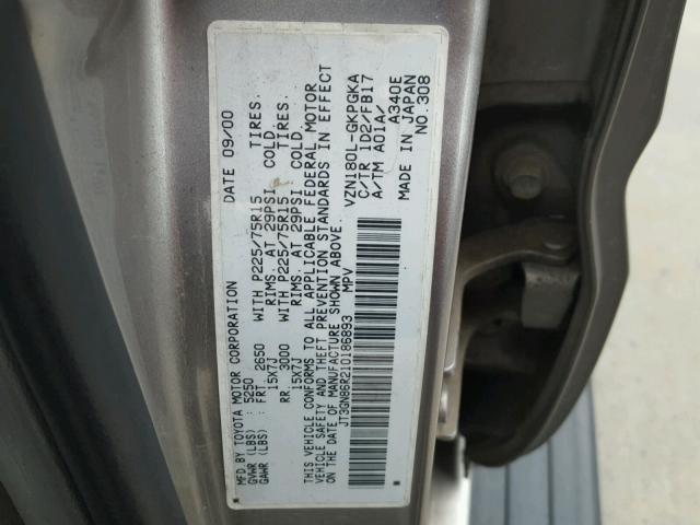 JT3GN86R210186893 - 2001 TOYOTA 4RUNNER SR SILVER photo 10