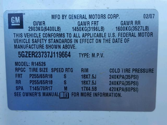 5GZER23737J119664 - 2007 SATURN OUTLOOK XR თეთრი ფოტო 10