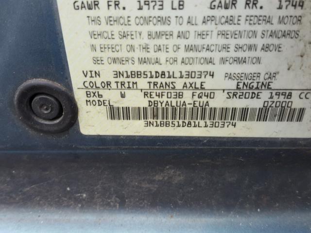 3N1BB51D81L130374 - 2001 NISSAN SENTRA SE BLUE photo 10