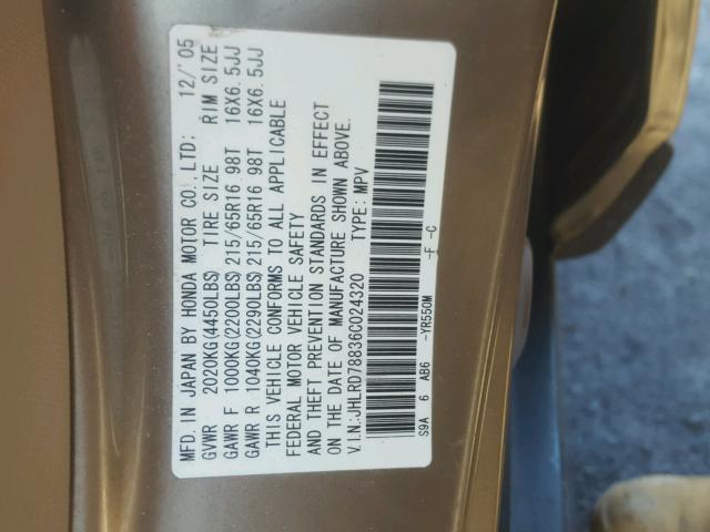 JHLRD78836C024320 - 2006 HONDA CR-V EX ოქროსფერი ფოტო 10