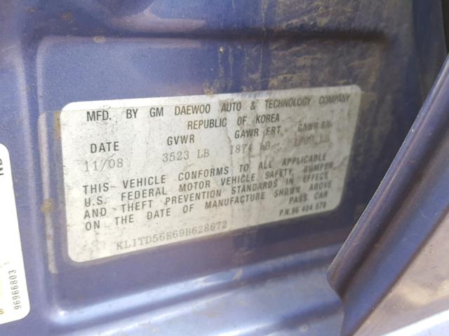 KL1TD56E69B628672 - 2009 CHEVROLET AVEO LS BLUE photo 10