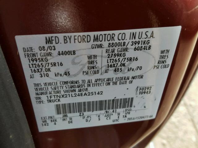 1FTNX21L24EA25142 - 2004 FORD F250 SUPER BURGUNDY photo 10