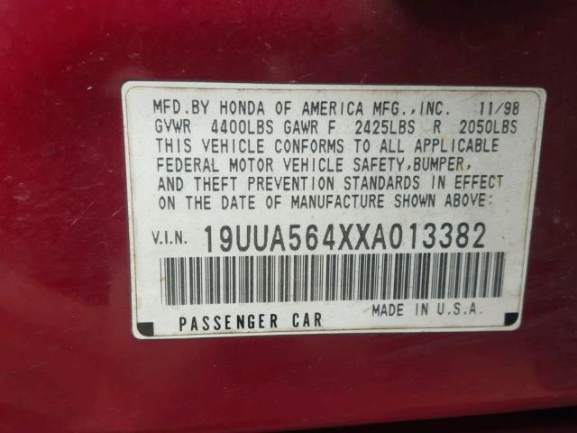 19UUA564XXA013382 - 1999 ACURA 3.2TL RED photo 10