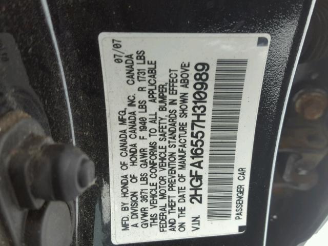 2HGFA16557H310989 - 2007 HONDA CIVIC LX BLACK photo 10