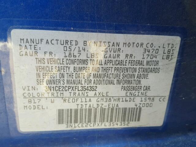 3N1CE2CPXFL354352 - 2015 NISSAN VERSA NOTE BLUE photo 10