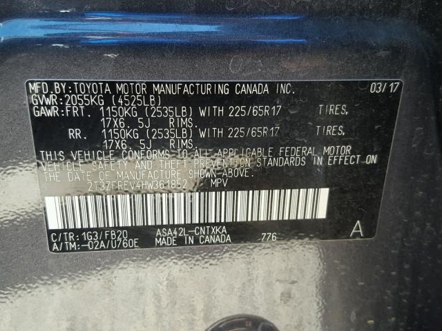 2T3ZFREV4HW361852 - 2017 TOYOTA RAV4 LE Մոխրագույն լուսանկար 10