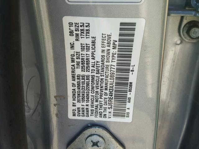 5J6RE4H3XAL089777 - 2010 HONDA CR-V LX SILVER photo 10