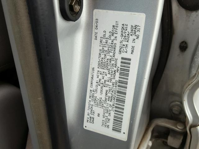 JTEBU14R230014980 - 2003 TOYOTA 4RUNNER SR SILVER photo 10