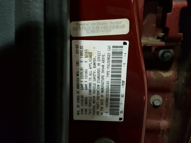 1HGCM56327A204143 - 2007 HONDA ACCORD SE RED photo 10