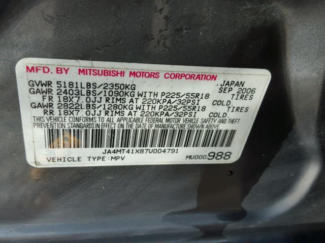 JA4MT41X87U004791 - 2007 MITSUBISHI OUTLANDER GRAY photo 10