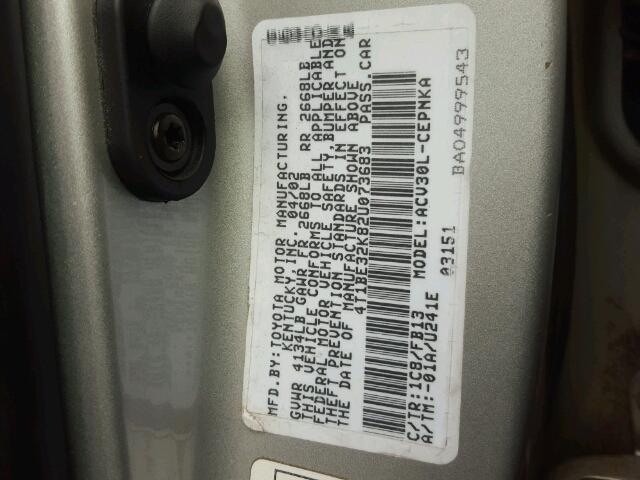 4T1BE32K82U073683 - 2002 TOYOTA CAMRY LE ვერცხლისფერი ფოტო 10