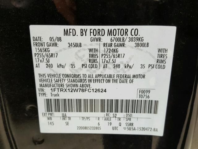 1FTRX12W78FC12624 - 2008 FORD F150 BLACK photo 10