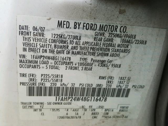 1FAHP24W48G116478 - 2008 FORD TAURUS SEL WHITE photo 10