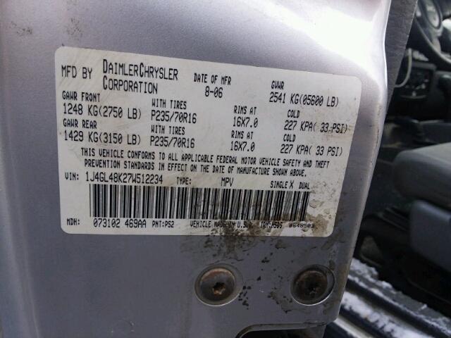 1J4GL48K27W512234 - 2007 JEEP LIBERTY SP SILVER photo 10