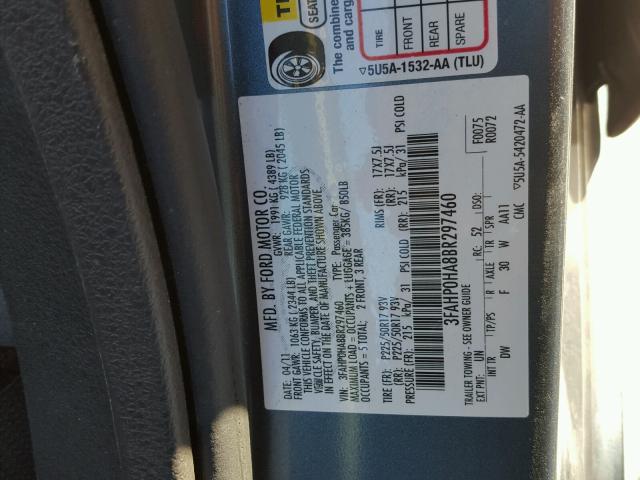 3FAHP0HA8BR297460 - 2011 FORD FUSION SE GRAY photo 10