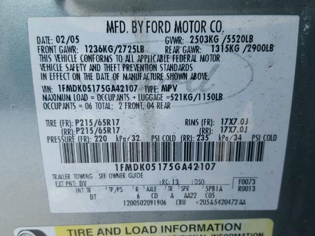 1FMDK05175GA42107 - 2005 FORD FREESTYLE GREEN photo 10